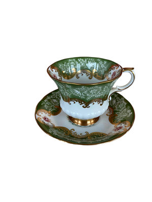 英國中古瓷器paragon帕拉貢綠色玫瑰寬口咖啡杯盤