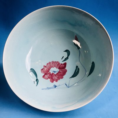 台灣早期老碗盤 碗(#9) — 紅綠彩花卉紋 碗公 直徑23.5公分