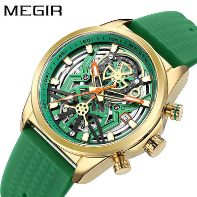 手錶男 跨境新款MEGIR男士硅膠時尚機械風裝飾石英錶批發一件代發2235