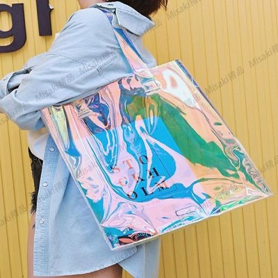 鐳射手提袋購物袋子pvc透明coco包包定制網紅炫彩ins時尚禮品個性【Misaki精品】