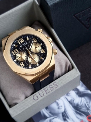 GUESS Empire 金色調 黑色錶盤 黑色矽膠錶帶 石英 男士手錶 GW0583G2