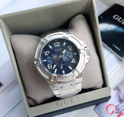 GUESS Rigor 藍色面錶盤 銀色不鏽鋼錶帶 石英 男士手錶 W0218G2