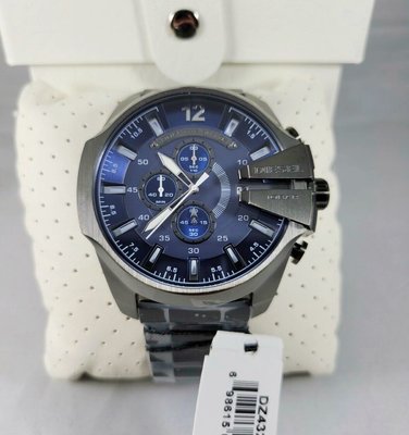 DIESEL Mega Chief 藍色面錶盤 鐵灰色不鏽鋼錶帶 石英 多功能三眼計時 男士手錶 DZ4329