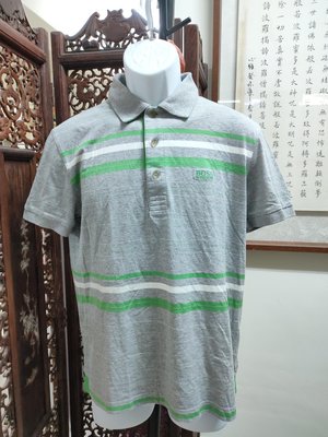 (二手衣物)BOSS綠白橫紋純棉短袖POLO衫(M)(B787)