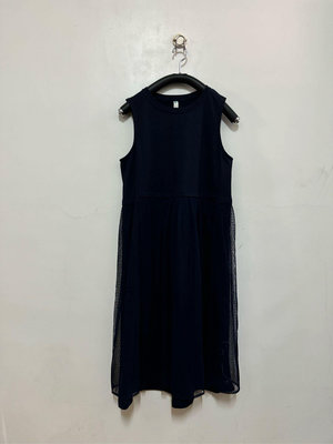 a la sha 深藍棉質拼接網紗造型無袖連身洋裝 / M / 6123