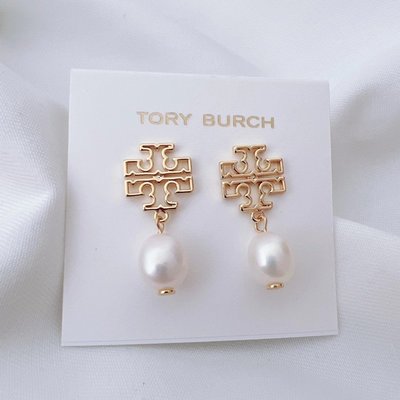 Tory Burch?2022年TB歐美風簡約鏤空方標淡水珍珠吊墜耳環輕奢氣質優雅耳飾女-阿拉朵朵