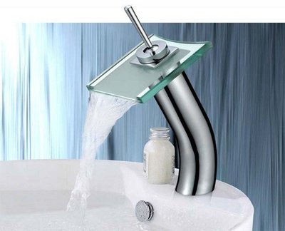FUO 衛浴: 方形透明強化瀑布玻璃面盆龍頭(加高型) , 碗公盆適用!(F6023透明)