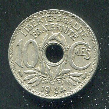 【硬幣】France (法國), 10 Centime , K866a , 1934 #207039,品相極美XF