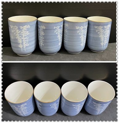 龍廬-自藏出清~陶瓷製品-日本橘吉金邊陶瓷茶具組-天藍底色白竹林圖案茶杯四入一組/只有一組