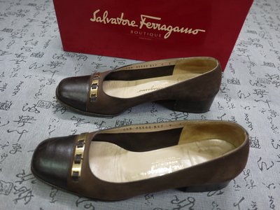 義大利製 Salvatore Ferragamo 金屬飾粗跟鞋 USA 6 C EUR 36 JPN 23