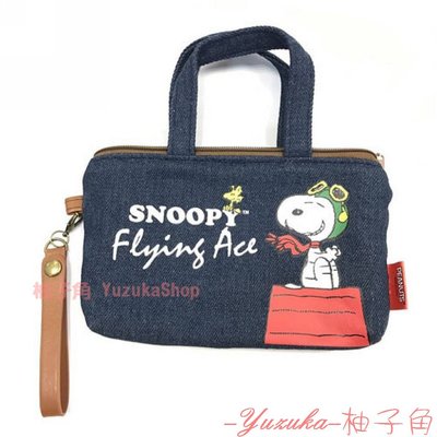 【柚子角】史努比牛仔風票卡夾手機包 日本進口 正版授權 Snoopy Peanuts 小提包 錢包 糊塗塌客塔克鳥