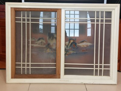 早期實木窗(3)~霧面玻璃~風景圖案~含紗窗和木框~懷舊.裝飾