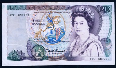 英國英格蘭銀行 D序列 20英鎊（莎士比亞）8成以上品相！油墨擴散 紙鈔 錢幣 紀念鈔【奇摩優選】