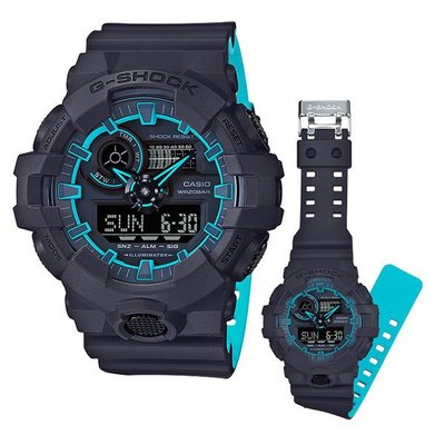 CASIO 手錶公司貨 G-SHOCK 強悍風格GA-700SE-1 A 2黑色x螢光藍 雙色錶帶GA-700