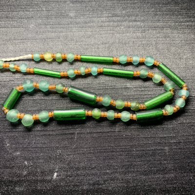 古董老件 古珠 老琉璃 綠長管 琉璃珠串 項鍊 配珠