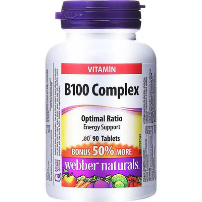 偉博天然B100 Complex維生素B群90粒B1B2B3B5加拿大Webber Naturals