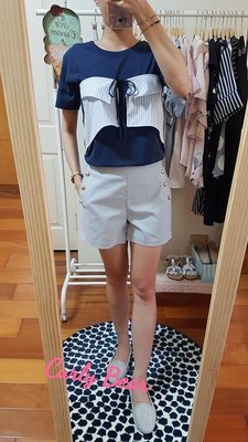 條紋金釦短褲（水藍） - Curly Bear 韓國服飾&雜貨