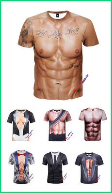 歐美 時尚 刺青 肌肉 型男 風格 圖案 歐巴 趣味 幽默 滿版 3D 短袖 T恤 短T 上衣 團康 部隊 瘦子 大尺碼