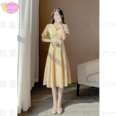 韓國MM =夏季新款連衣裙甜美時尚收腰條紋黃色襯衫裙休閑茶歇氣質裙子