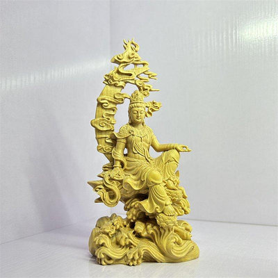 【熱賣精選】小葉黃楊木雕水月自在觀音佛像禪意中式客廳玄關擺件觀世音菩薩像