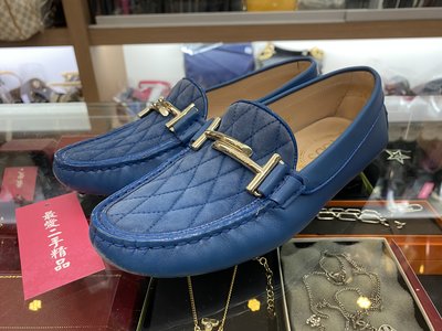 ☆最愛二手精品☆ TOD'S Double T 藍色麂皮菱格紋豆豆樂福鞋 XD7192 36.5號