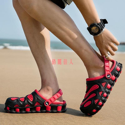 新款夏季防滑洞洞鞋男 沙灘鞋 韓版潮流個性涼拖鞋 包頭涼鞋外穿