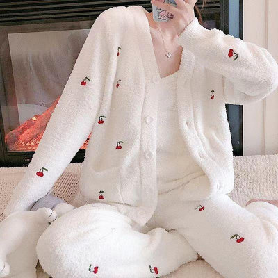 【現貨精選】2022年新款秋冬季珊瑚絨睡衣女甜美法式小香風三件套高顏值家居服