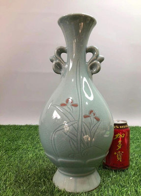日本高麗 青瓷 青元作 釉里紅耳付 花瓶