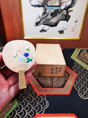 日本 桐木花繪團扇香盒