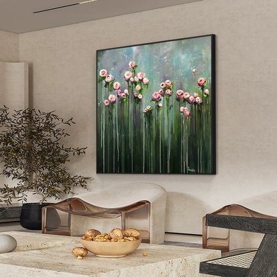 手工油畫手繪油畫現代美式客廳裝飾畫高級感玫瑰花卉玄關掛畫抽象北歐壁畫