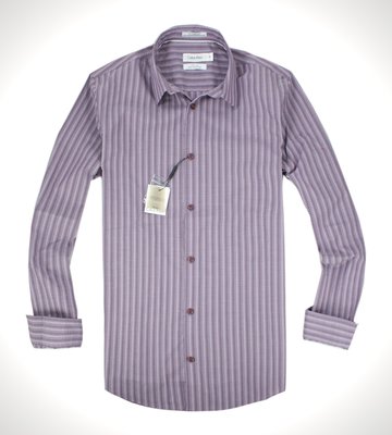 美國百分百【全新真品】Calvin Klein 男款 紫 格紋 上衣 萊卡 長袖 襯衫 免燙 上班襯衫 S號 C575