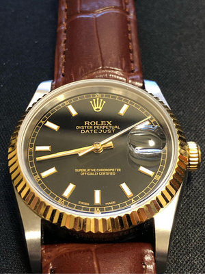 二手港錶 Rolex 勞力士 港勞 DateJust 16233 半金皮帶夜光條丁黑面盤  錶徑36mm