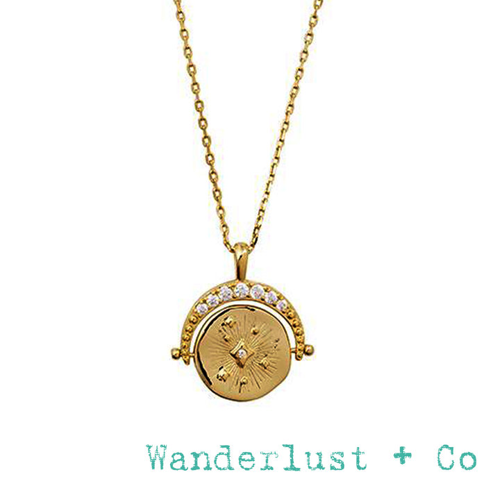 Wanderlust+Co 澳洲品牌 鑲鑽宇宙星系 旋轉錢幣項鍊 背面刻字款 Universe