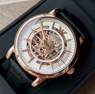 EMPORIO ARMANI 玫瑰金色框 鏤空錶盤 黑色皮革錶帶 男士 自動機械錶 AR60007