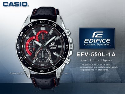 CASIO 卡西歐 手錶專賣店 國隆 EDIFICE EFV-550L-1A 三眼計時賽車男錶 皮革錶帶 深灰X紅色錶面 防水100米 EFV-550L