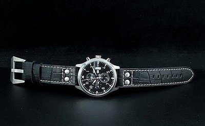 22mm直身二戰軍風軍錶飛行風鉚釘 鱷魚皮紋,黑色真皮錶帶hamilton seiko iwc laco