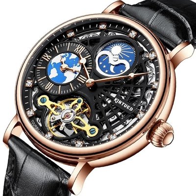 KINYUED 金悅達 世界地圖帶鑽刻度鏤空陀飛全自動機械錶 日月星辰 潮流時尚個型真皮型男紳士錶