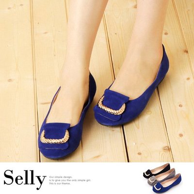 羊麂皮金屬繩紋皮帶釦環娃娃鞋-Selly-沙粒-(G171)-藍色35碼