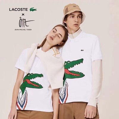 法國LACOSTE X Jean-Michel Tixer聯名系列大鱷魚大印花白色網眼短袖POLO衫