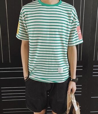 FINDSENSE MD 韓國 潮 男 時尚 休閒 圓領 條紋肩膀貼布字母 短袖T恤 特色短T 條紋T