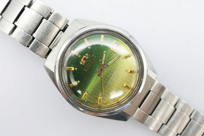 (小蔡二手挖寶網) 日本製 ORIENT 東方 綠面 自動上鍊 機械錶 21石 日期顯示 全原裝 有行走 商品如圖 1元起標 無底價