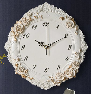 歐式 復古時尚雕刻玫瑰花造型掛鐘 歐風田園浪漫花朵牆鐘樹脂藝術鐘壁掛鐘牆上掛鐘擺飾靜音鐘裝飾時鐘家飾