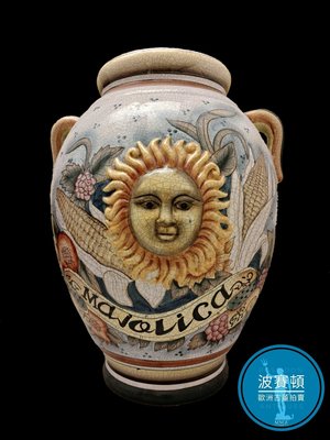 【波賽頓-歐洲古董拍賣】歐洲/西洋古董 意大利托斯卡尼 大型手工彩繪陶瓷太陽神花瓶 (落款：Margaret Smith 15/24)(高度:53cm)破損特價