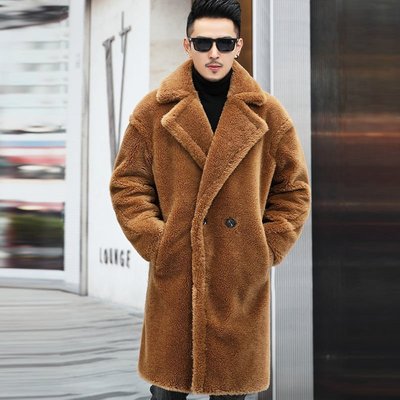 現貨熱銷-保暖冬季男士皮衣2021新款羊剪絨長款羊駝毛大衣男裝皮草風衣外套~特價