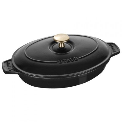 Staub 黑色 橢圓型 淺底鑄鐵鍋 煎鍋 烤盤 附蓋 黑 23cm