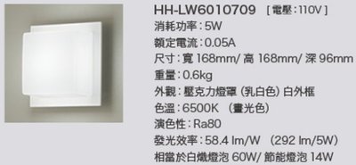 Panasonic國際牌 LED 5W 日式簡約 方形白框壁燈HH-LW6010709 HH-LW6020709