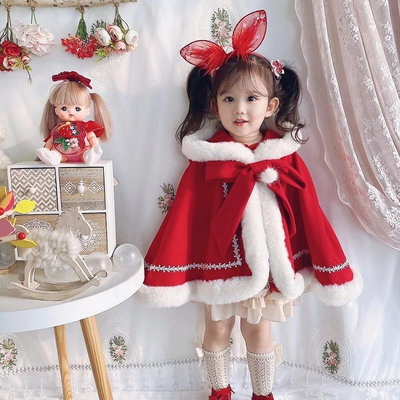 熱銷 聖誕節衣服 兒童披風 兒童披肩 2022秋冬新款韓版女童紅色外套 聖誕節斗篷披風大衣 聖誕節禮物 新年衣服-可開發票