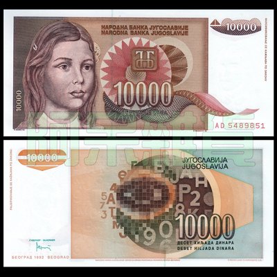 森羅本舖 現貨實拍 馬賽克版 南斯拉夫 10000 第納爾 1萬 1992年 向日葵 鈔票 紙鈔 鈔幣 真鈔 人頭版 女