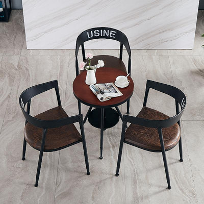 復古鐵藝奶茶店桌椅咖啡廳酒吧工業風甜品接待洽談組合實木小圓桌 自行安裝