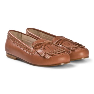 Chloé Tan Studded Kiltie Fringe Leather Loafers 童樂福鞋